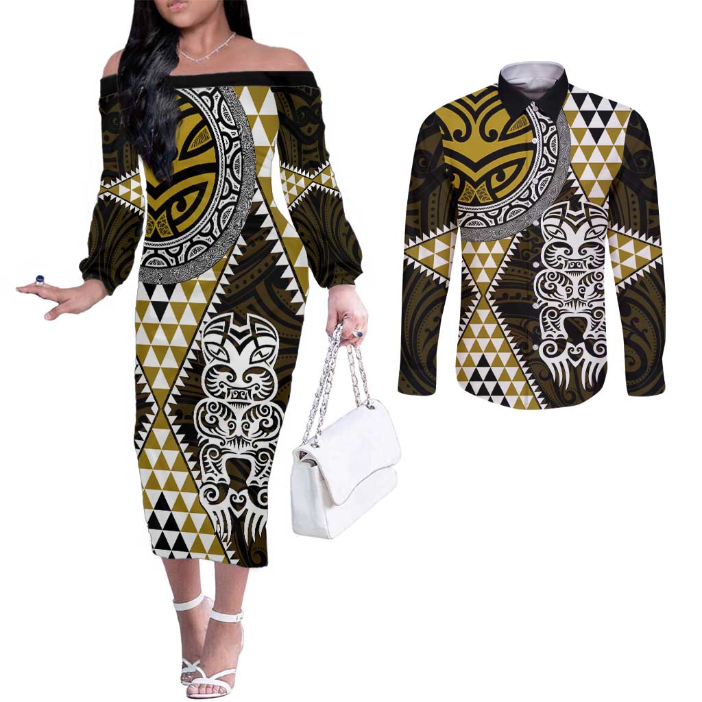 Yellow Aotearoa Niho Taniwha Couples Matching Off The Shoulder Long Sleeve Dress and Long Sleeve Button Shirt Maori Mythology Tooth - Taniko Motifs