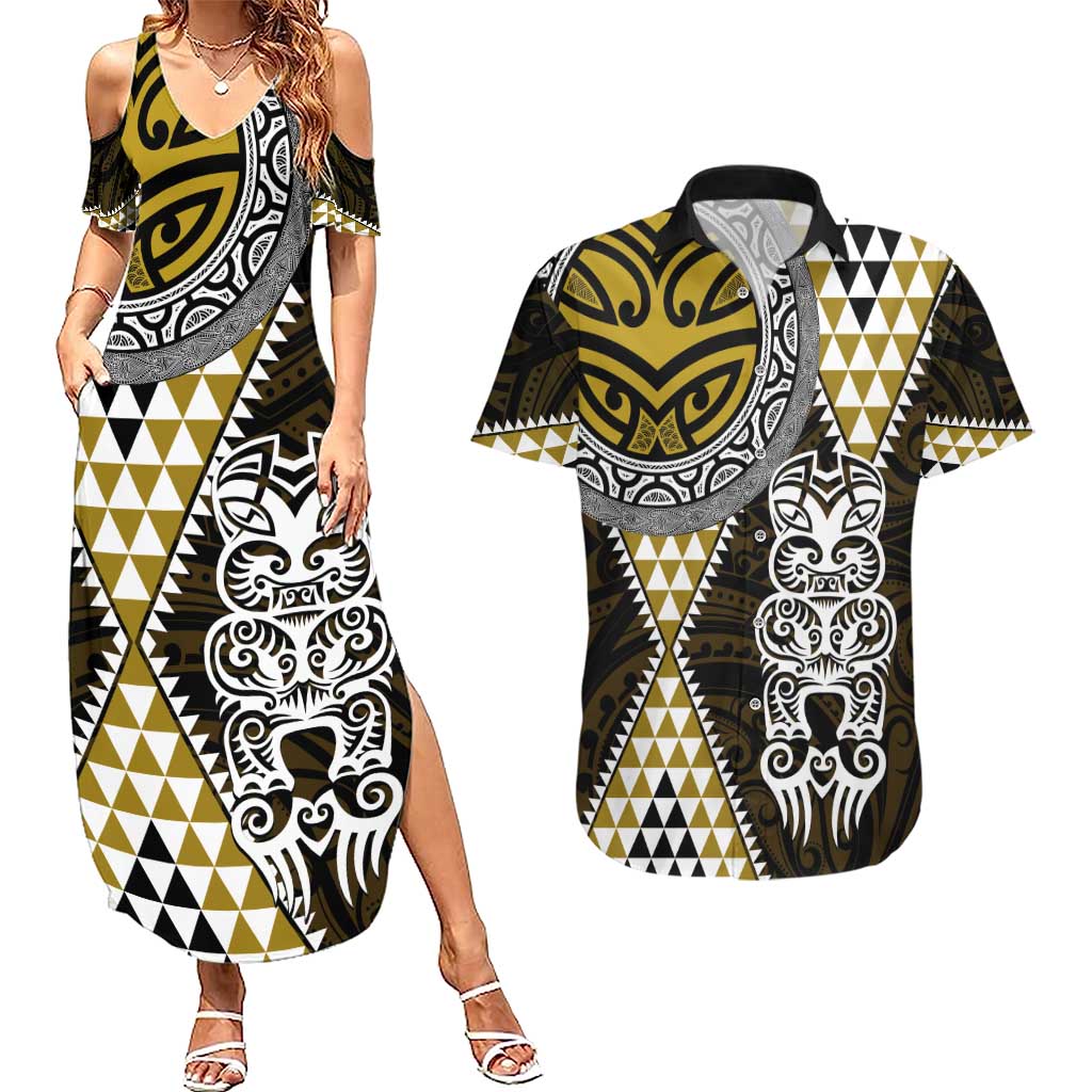 Yellow Aotearoa Niho Taniwha Couples Matching Summer Maxi Dress and Hawaiian Shirt Maori Mythology Tooth - Taniko Motifs LT14 Yellow - Polynesian Pride