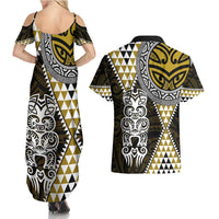 Yellow Aotearoa Niho Taniwha Couples Matching Summer Maxi Dress and Hawaiian Shirt Maori Mythology Tooth - Taniko Motifs LT14 - Polynesian Pride