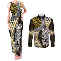 Yellow Aotearoa Niho Taniwha Couples Matching Tank Maxi Dress and Long Sleeve Button Shirt Maori Mythology Tooth - Taniko Motifs LT14 Yellow - Polynesian Pride