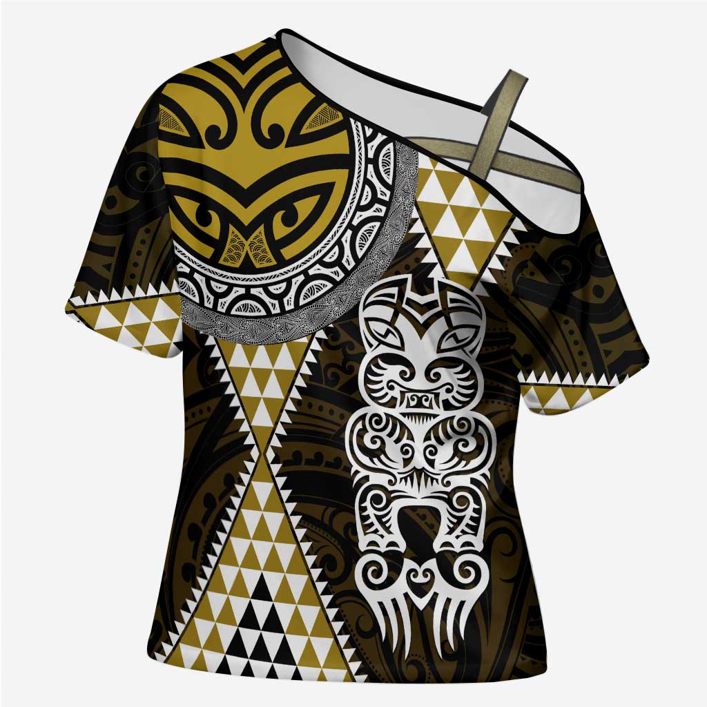 Yellow Aotearoa Niho Taniwha Cross Shoulder Shirt Maori Mythology Tooth - Taniko Motifs - Polynesian Pride