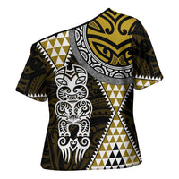 Yellow Aotearoa Niho Taniwha Cross Shoulder Shirt Maori Mythology Tooth - Taniko Motifs - Polynesian Pride
