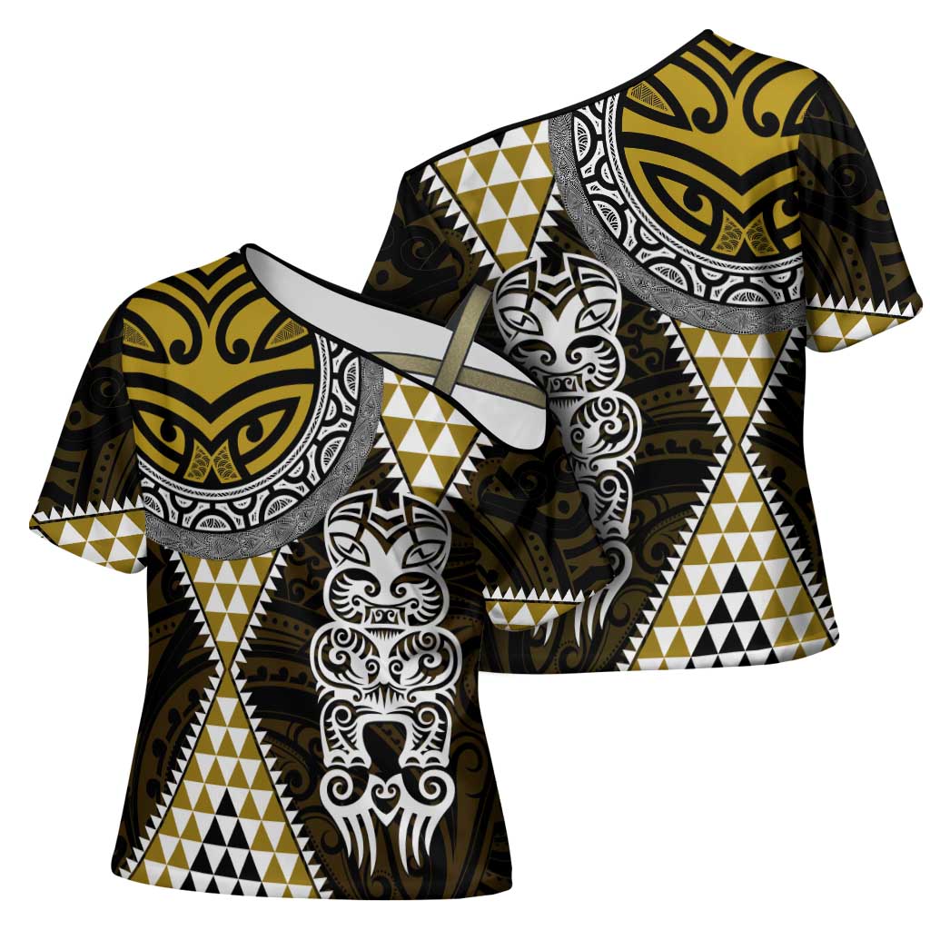 Yellow Aotearoa Niho Taniwha Cross Shoulder Shirt Maori Mythology Tooth - Taniko Motifs - Polynesian Pride