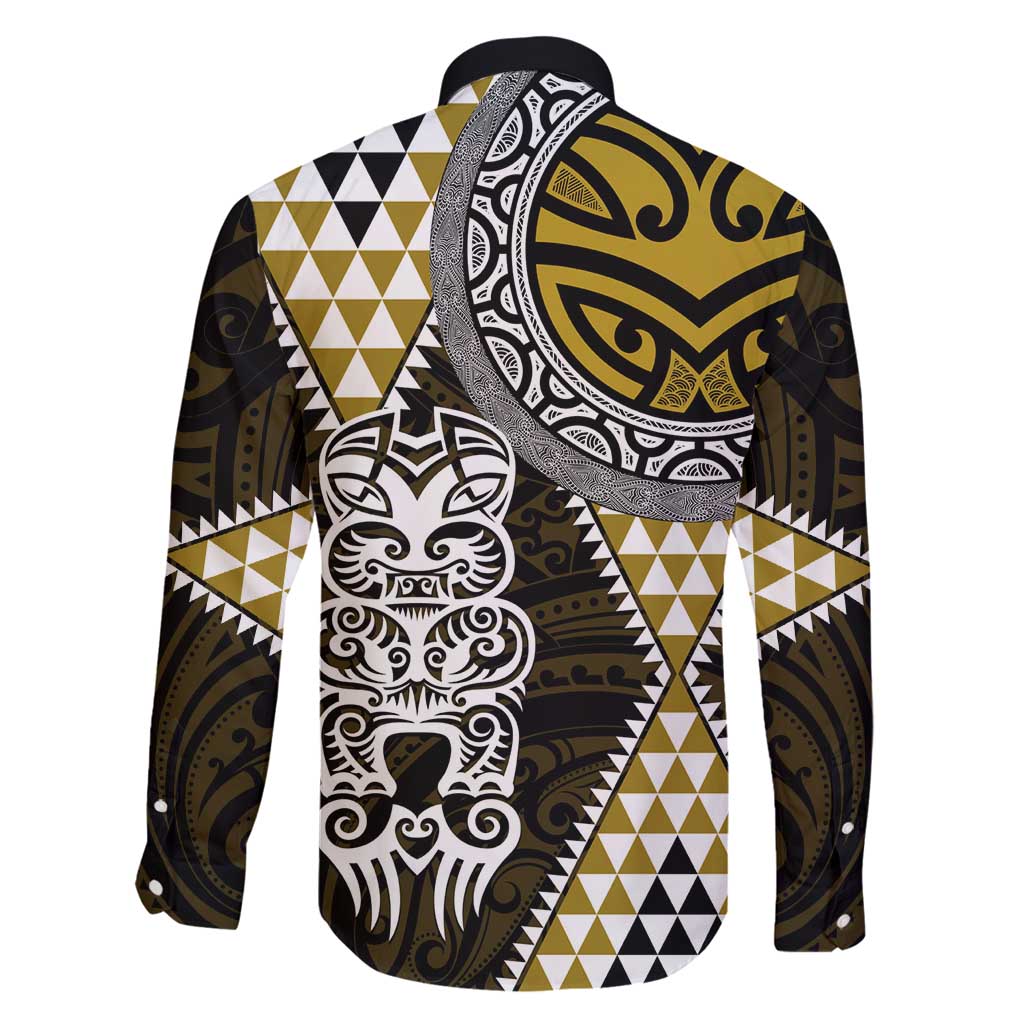 Yellow Aotearoa Niho Taniwha Family Matching Long Sleeve Bodycon Dress and Hawaiian Shirt Maori Mythology Tooth - Taniko Motifs LT14 - Polynesian Pride