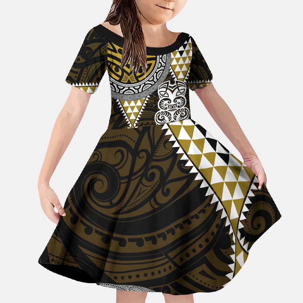 Yellow Aotearoa Niho Taniwha Family Matching Mermaid Dress and Hawaiian Shirt Maori Mythology Tooth - Taniko Motifs LT14 Daughter's Dress Yellow - Polynesian Pride