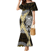 Yellow Aotearoa Niho Taniwha Family Matching Mermaid Dress and Hawaiian Shirt Maori Mythology Tooth - Taniko Motifs LT14 Mom's Dress Yellow - Polynesian Pride