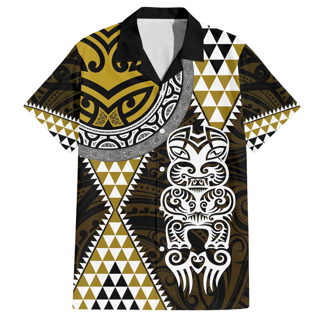 Yellow Aotearoa Niho Taniwha Family Matching Off Shoulder Maxi Dress and Hawaiian Shirt Maori Mythology Tooth - Taniko Motifs LT14 Dad's Shirt - Short Sleeve Yellow - Polynesian Pride