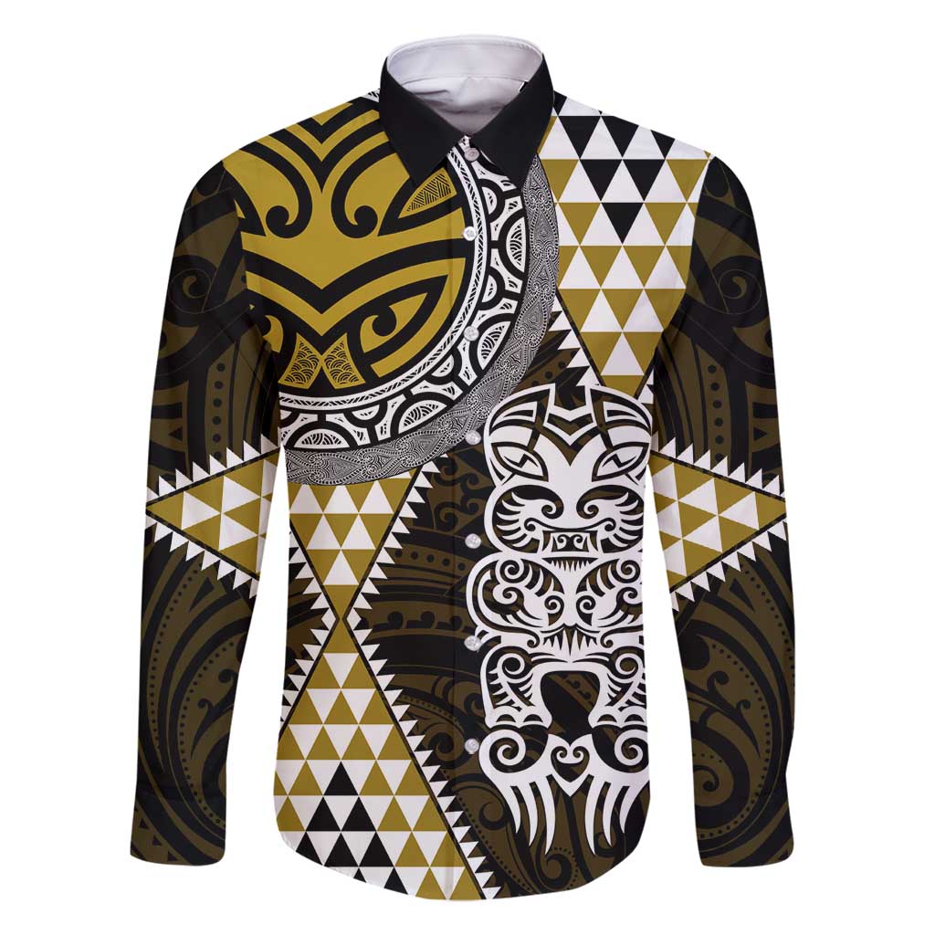 Yellow Aotearoa Niho Taniwha Family Matching Off Shoulder Maxi Dress and Hawaiian Shirt Maori Mythology Tooth - Taniko Motifs LT14 Dad's Shirt - Long Sleeve Yellow - Polynesian Pride