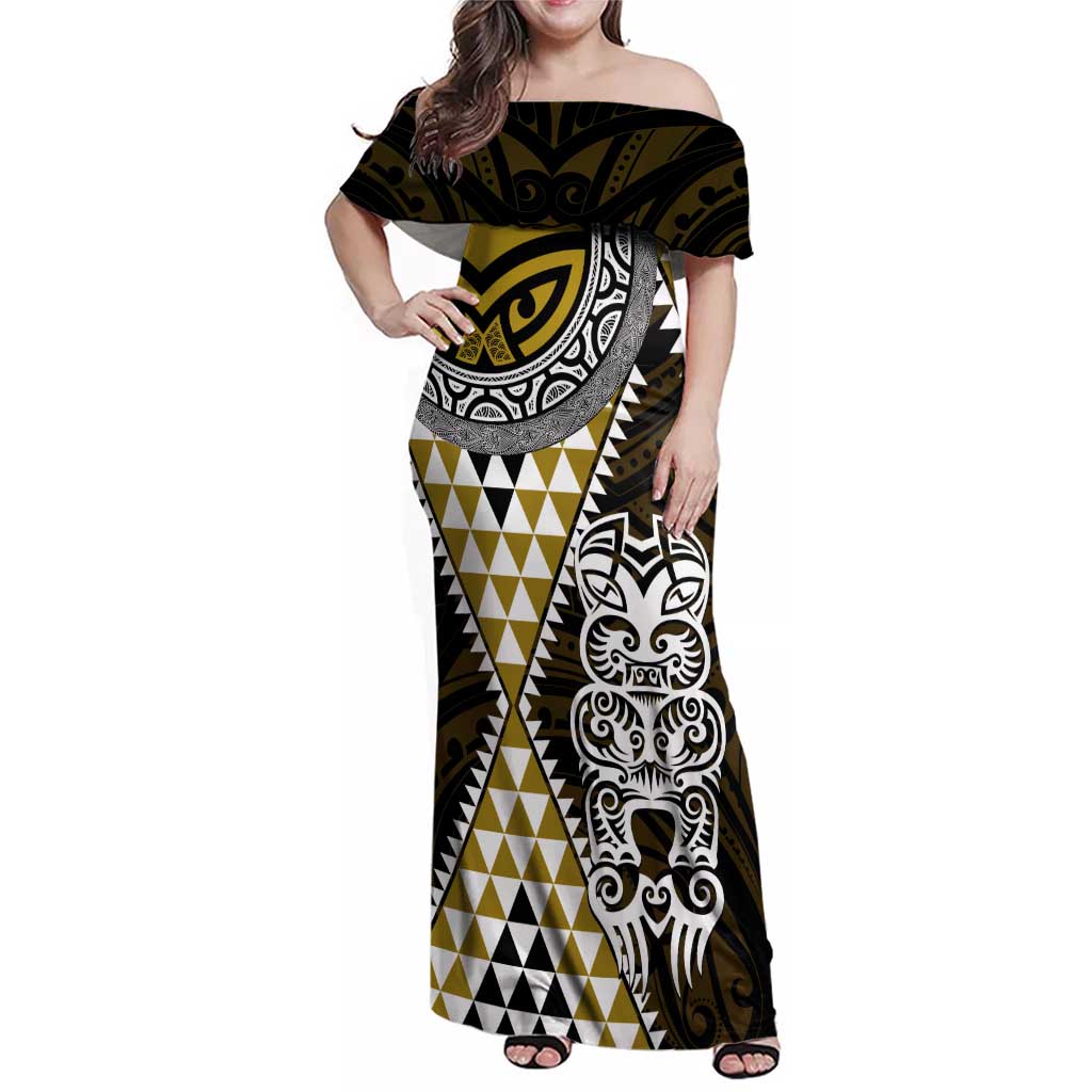 Yellow Aotearoa Niho Taniwha Family Matching Off Shoulder Maxi Dress and Hawaiian Shirt Maori Mythology Tooth - Taniko Motifs LT14 Mom's Dress Yellow - Polynesian Pride
