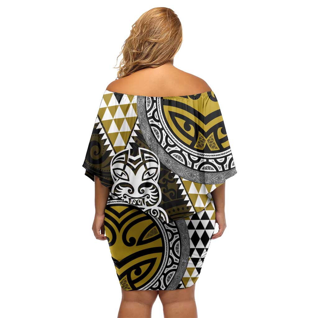Yellow Aotearoa Niho Taniwha Family Matching Off Shoulder Short Dress and Hawaiian Shirt Maori Mythology Tooth - Taniko Motifs LT14 - Polynesian Pride
