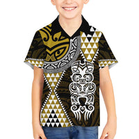 Yellow Aotearoa Niho Taniwha Family Matching Off Shoulder Short Dress and Hawaiian Shirt Maori Mythology Tooth - Taniko Motifs LT14 Son's Shirt Yellow - Polynesian Pride