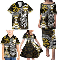 Yellow Aotearoa Niho Taniwha Family Matching Puletasi and Hawaiian Shirt Maori Mythology Tooth - Taniko Motifs LT14 - Polynesian Pride