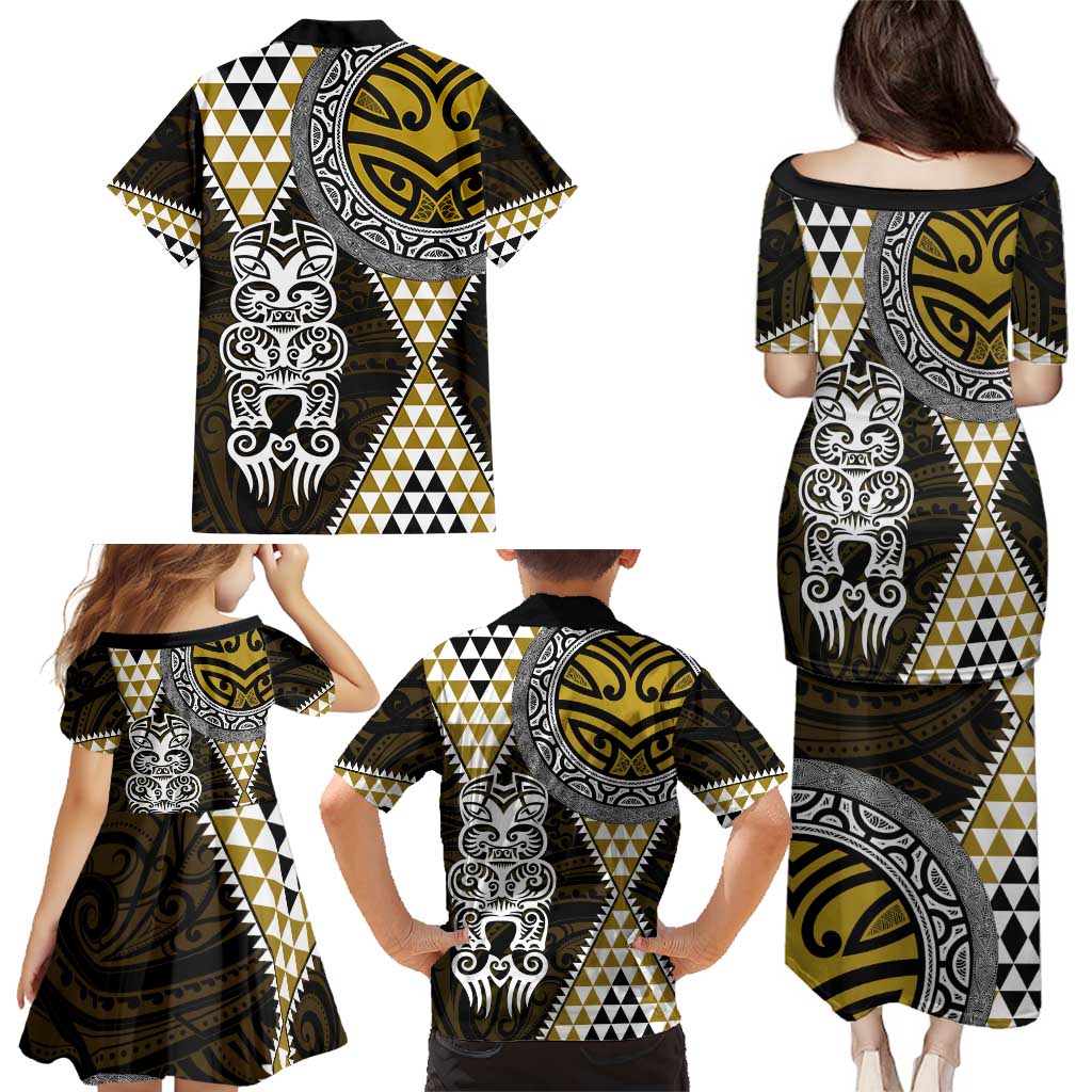 Yellow Aotearoa Niho Taniwha Family Matching Puletasi and Hawaiian Shirt Maori Mythology Tooth - Taniko Motifs LT14 - Polynesian Pride