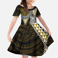 Yellow Aotearoa Niho Taniwha Family Matching Short Sleeve Bodycon Dress and Hawaiian Shirt Maori Mythology Tooth - Taniko Motifs LT14 Daughter's Dress Yellow - Polynesian Pride