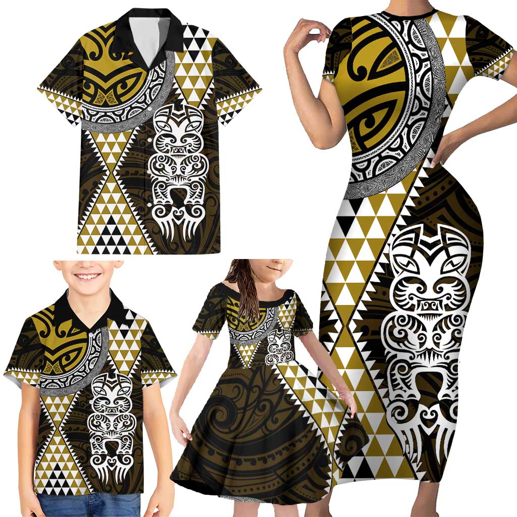 Yellow Aotearoa Niho Taniwha Family Matching Short Sleeve Bodycon Dress and Hawaiian Shirt Maori Mythology Tooth - Taniko Motifs LT14 - Polynesian Pride