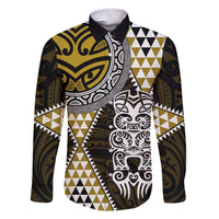 Yellow Aotearoa Niho Taniwha Family Matching Short Sleeve Bodycon Dress and Hawaiian Shirt Maori Mythology Tooth - Taniko Motifs LT14 Dad's Shirt - Long Sleeve Yellow - Polynesian Pride