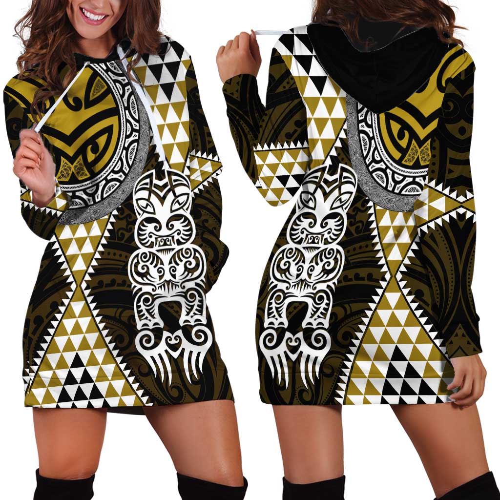 Yellow Aotearoa Niho Taniwha Hoodie Dress Maori Mythology Tooth - Taniko Motifs