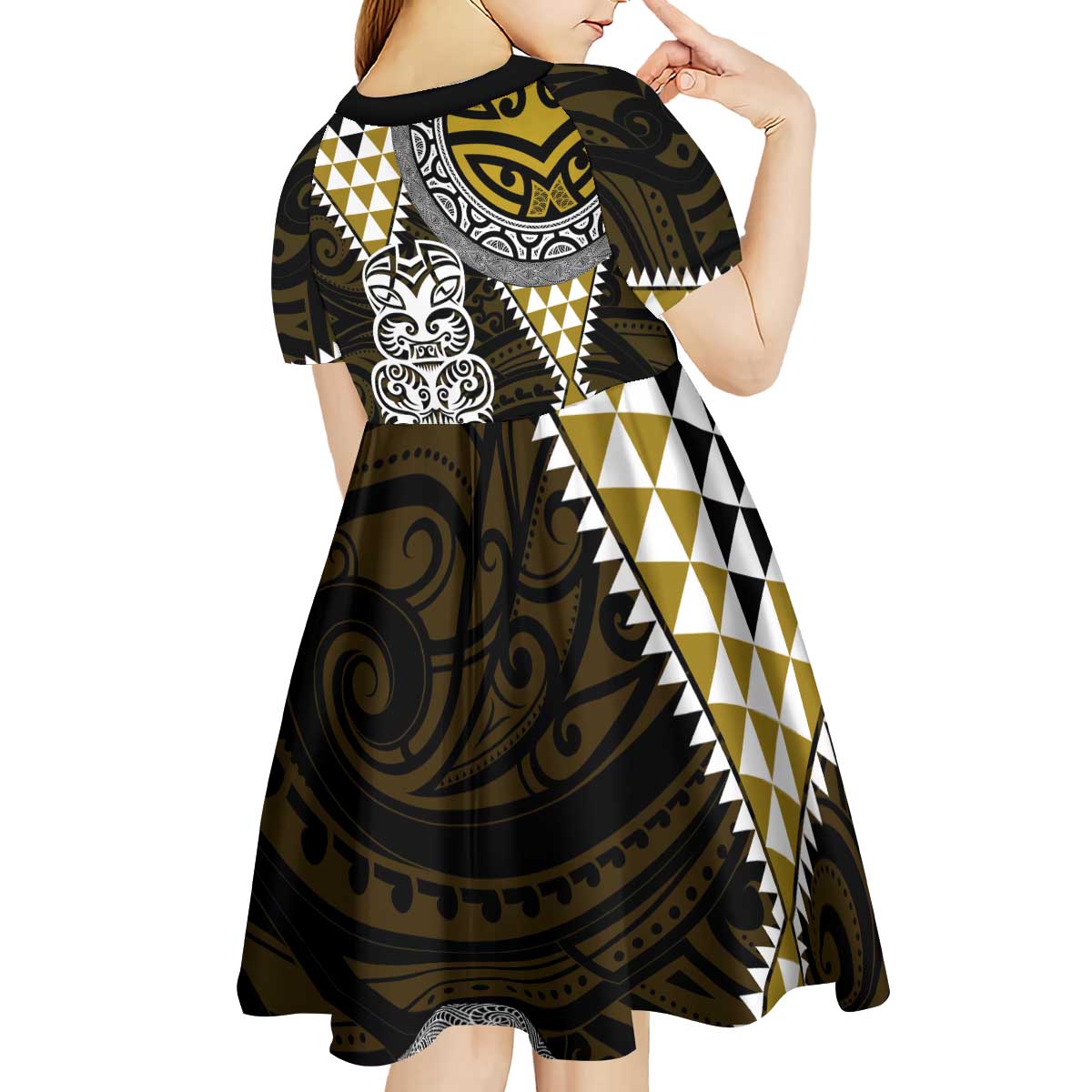 Yellow Aotearoa Niho Taniwha Kid Short Sleeve Dress Maori Mythology Tooth - Taniko Motifs