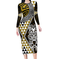 Yellow Aotearoa Niho Taniwha Long Sleeve Bodycon Dress Maori Mythology Tooth - Taniko Motifs