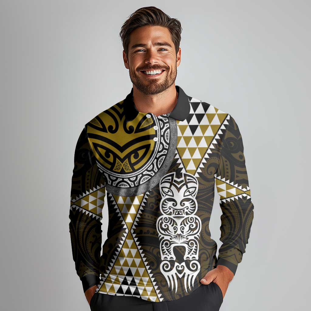 Yellow Aotearoa Niho Taniwha Long Sleeve Polo Shirt Maori Mythology Tooth - Taniko Motifs