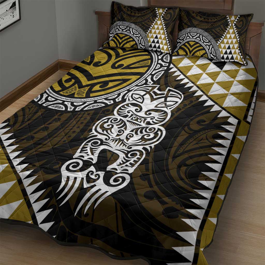 Yellow Aotearoa Niho Taniwha Quilt Bed Set Maori Mythology Tooth - Taniko Motifs