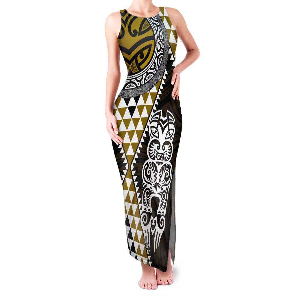 Yellow Aotearoa Niho Taniwha Tank Maxi Dress Maori Mythology Tooth - Taniko Motifs