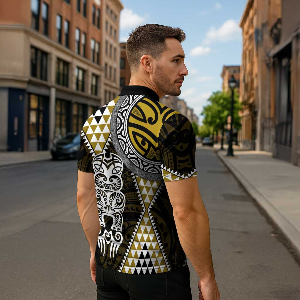 Yellow Aotearoa Niho Taniwha Zipper Polo Shirt Maori Mythology Tooth - Taniko Motifs - Polynesian Pride