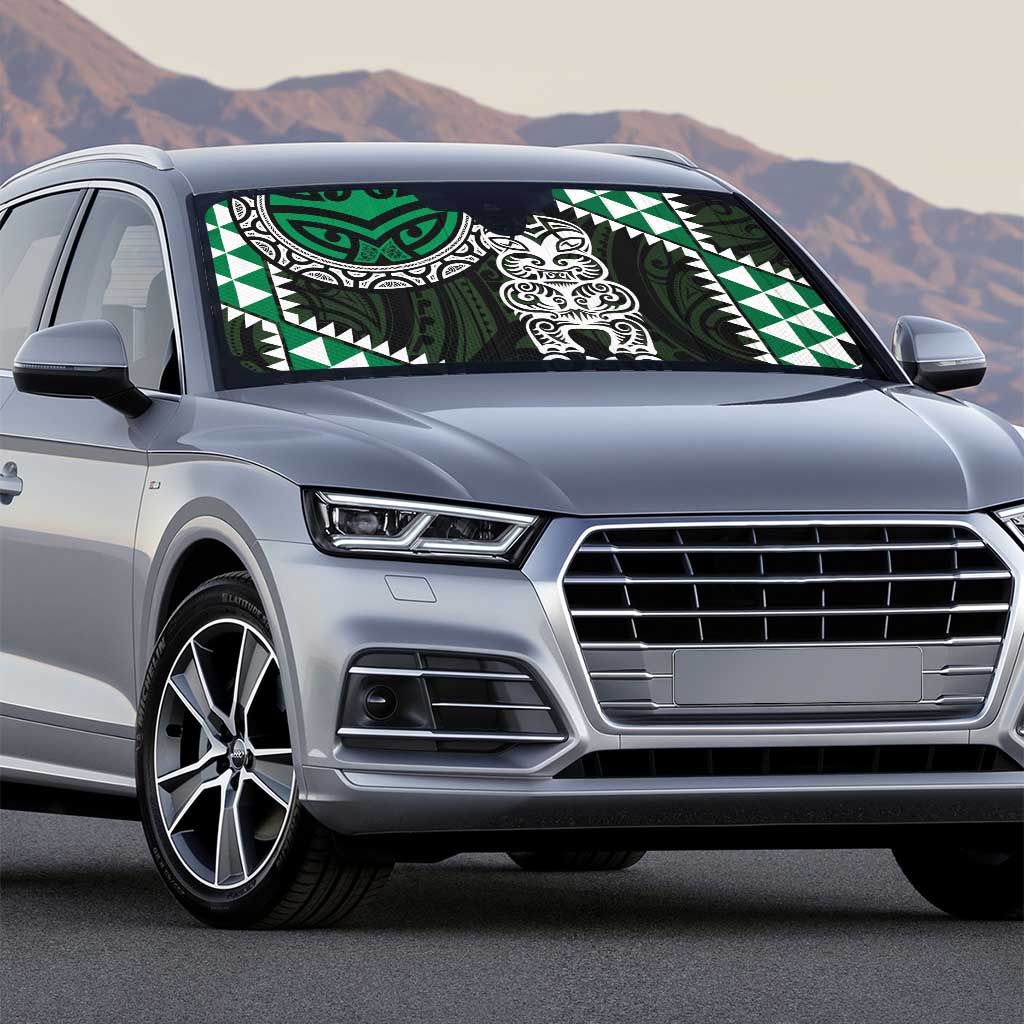 Green Aotearoa Niho Taniwha Auto Sun Shade Maori Mythology Tooth - Taniko Motifs - Polynesian Pride