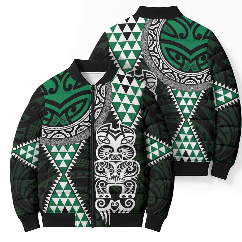 Green Aotearoa Niho Taniwha Bomber Puffer Jacket Maori Mythology Tooth - Taniko Motifs - Polynesian Pride