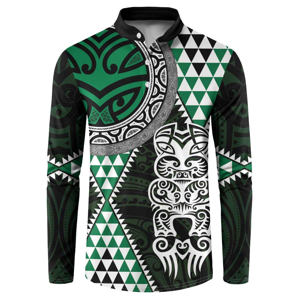 Green Aotearoa Niho Taniwha Button Sweatshirt Maori Mythology Tooth - Taniko Motifs LT14 Green - Polynesian Pride