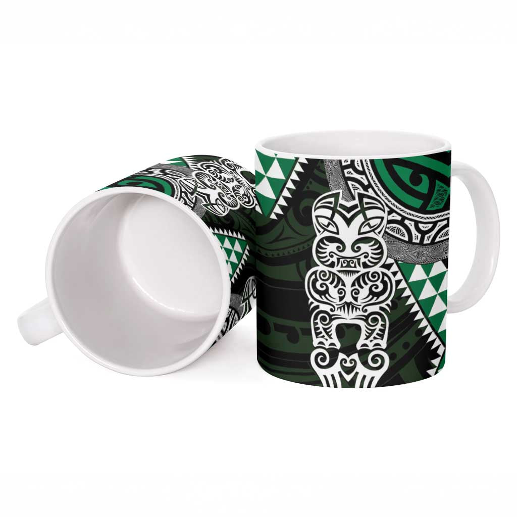 Green Aotearoa Niho Taniwha Ceramic Mug Maori Mythology Tooth - Taniko Motifs - Polynesian Pride