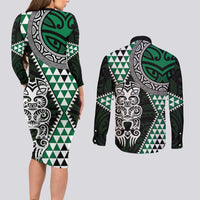 Green Aotearoa Niho Taniwha Couples Matching Long Sleeve Bodycon Dress and Long Sleeve Button Shirt Maori Mythology Tooth - Taniko Motifs