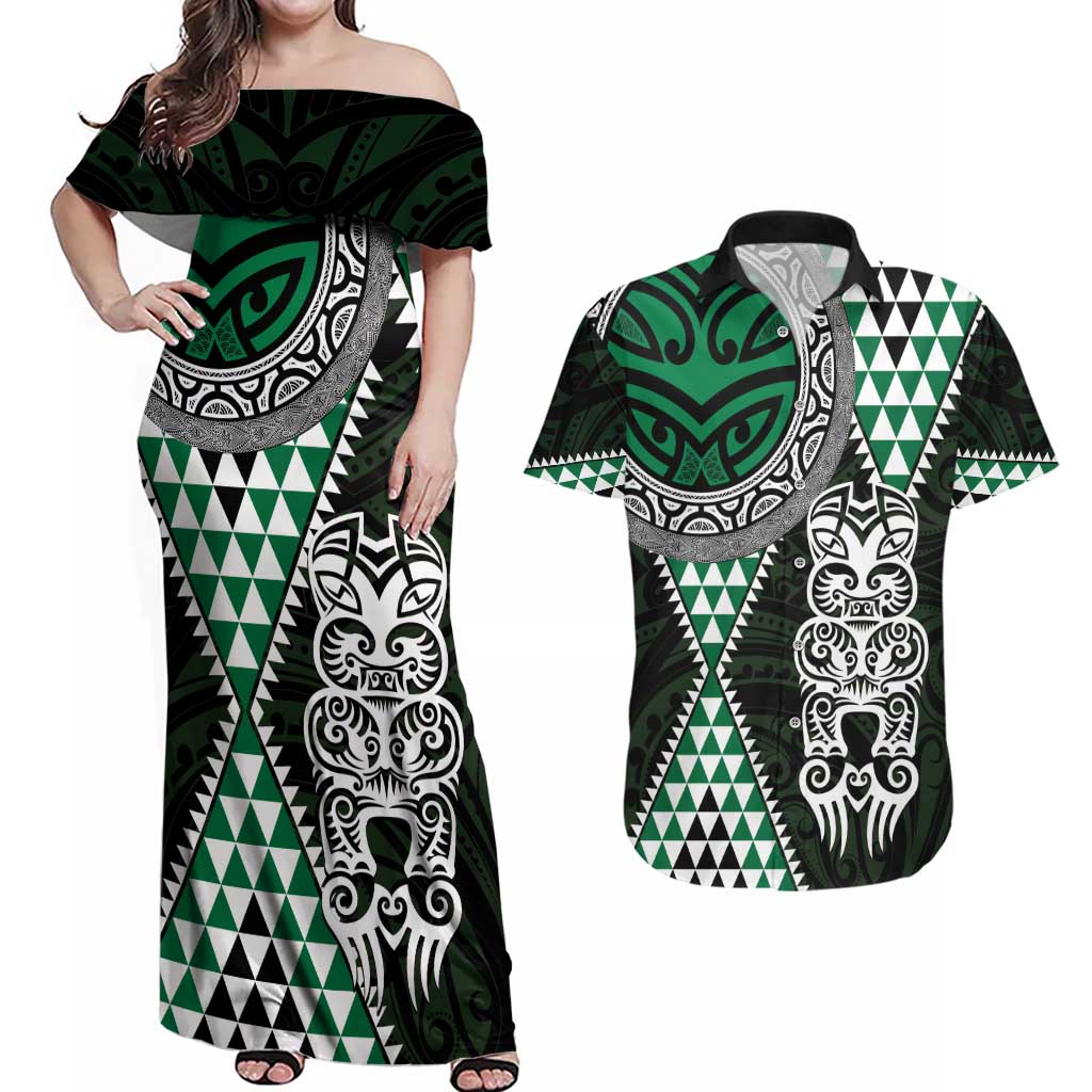 Green Aotearoa Niho Taniwha Couples Matching Off Shoulder Maxi Dress and Hawaiian Shirt Maori Mythology Tooth - Taniko Motifs LT14 Green - Polynesian Pride