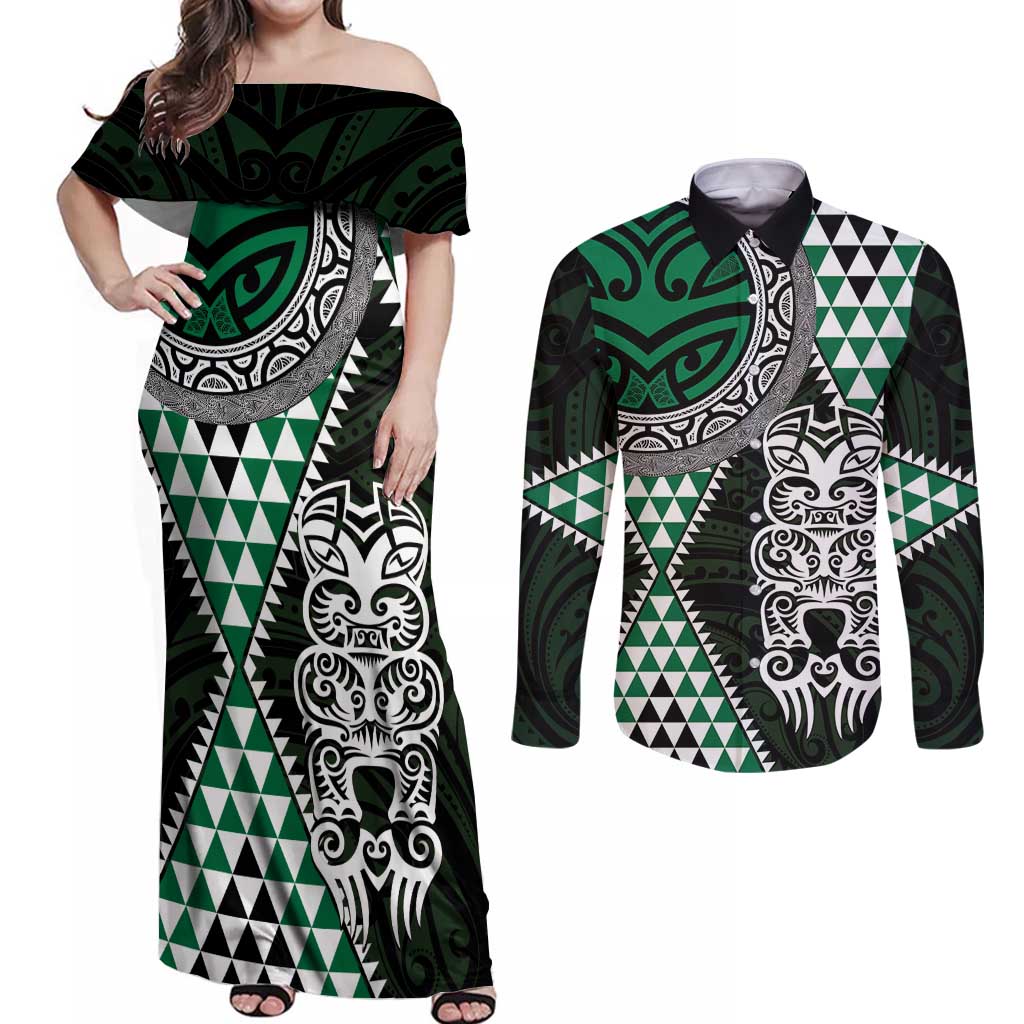 Green Aotearoa Niho Taniwha Couples Matching Off Shoulder Maxi Dress and Long Sleeve Button Shirt Maori Mythology Tooth - Taniko Motifs LT14 Green - Polynesian Pride