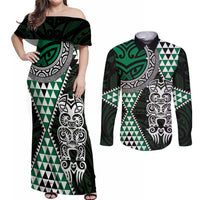 Green Aotearoa Niho Taniwha Couples Matching Off Shoulder Maxi Dress and Long Sleeve Button Shirt Maori Mythology Tooth - Taniko Motifs LT14 Green - Polynesian Pride