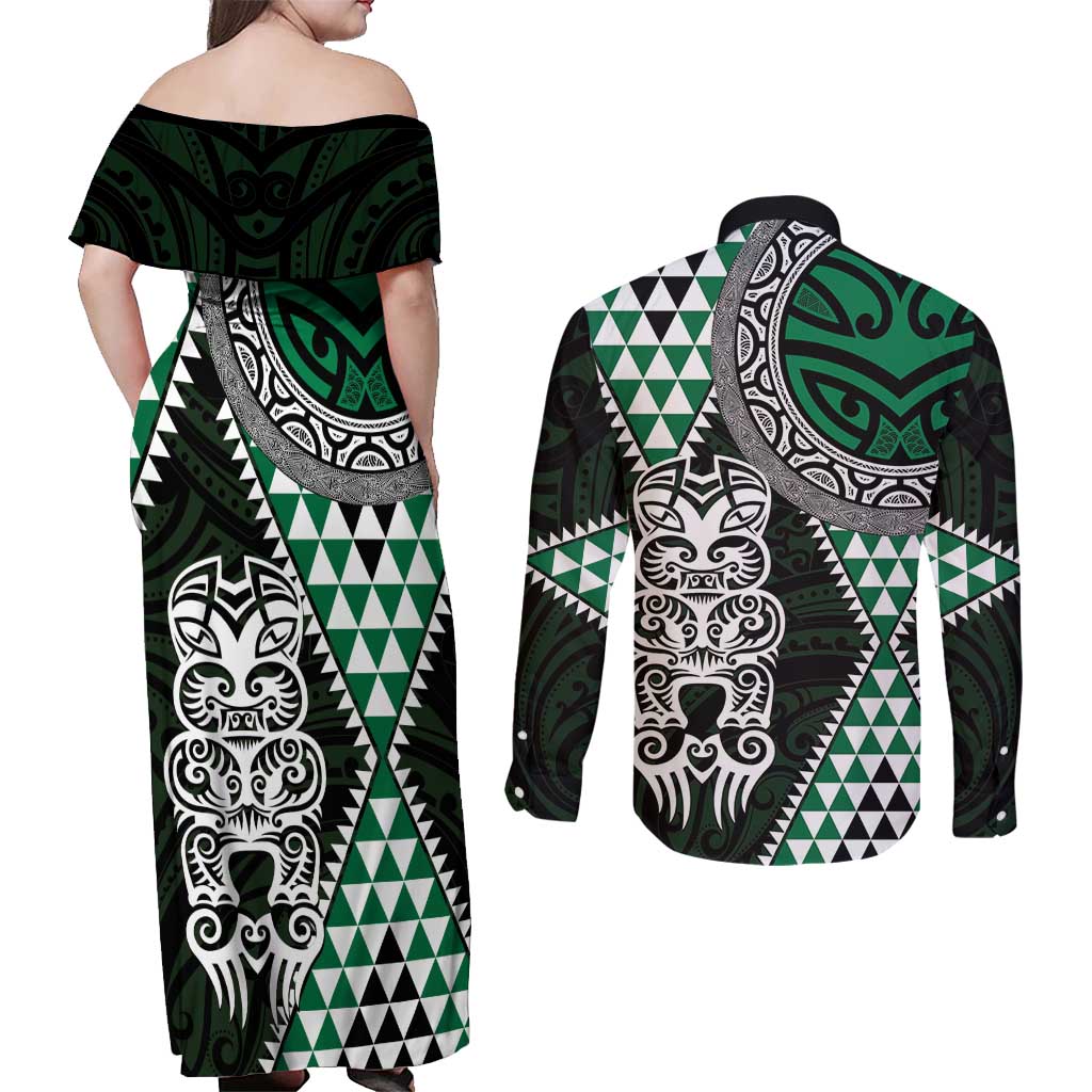 Green Aotearoa Niho Taniwha Couples Matching Off Shoulder Maxi Dress and Long Sleeve Button Shirt Maori Mythology Tooth - Taniko Motifs LT14 - Polynesian Pride