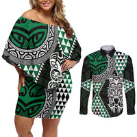 Green Aotearoa Niho Taniwha Couples Matching Off Shoulder Short Dress and Long Sleeve Button Shirt Maori Mythology Tooth - Taniko Motifs LT14 Green - Polynesian Pride