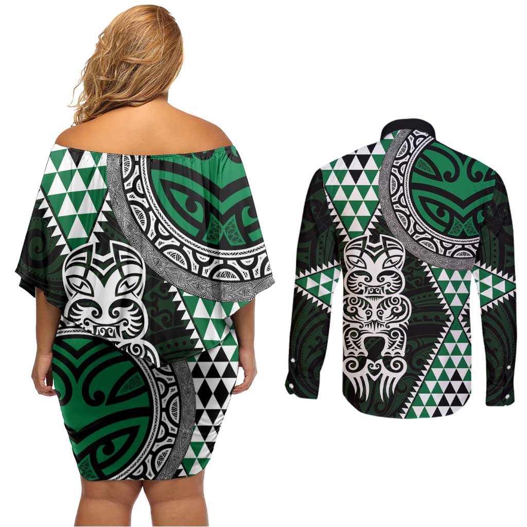 Green Aotearoa Niho Taniwha Couples Matching Off Shoulder Short Dress and Long Sleeve Button Shirt Maori Mythology Tooth - Taniko Motifs LT14 - Polynesian Pride