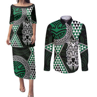Green Aotearoa Niho Taniwha Couples Matching Puletasi and Long Sleeve Button Shirt Maori Mythology Tooth - Taniko Motifs LT14 Green - Polynesian Pride