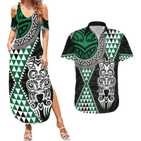 Green Aotearoa Niho Taniwha Couples Matching Summer Maxi Dress and Hawaiian Shirt Maori Mythology Tooth - Taniko Motifs LT14 Green - Polynesian Pride
