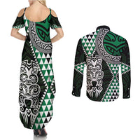 Green Aotearoa Niho Taniwha Couples Matching Summer Maxi Dress and Long Sleeve Button Shirt Maori Mythology Tooth - Taniko Motifs LT14 - Polynesian Pride