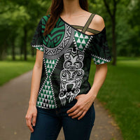 Green Aotearoa Niho Taniwha Cross Shoulder Shirt Maori Mythology Tooth - Taniko Motifs - Polynesian Pride