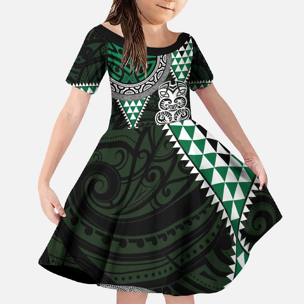 Green Aotearoa Niho Taniwha Family Matching Long Sleeve Bodycon Dress and Hawaiian Shirt Maori Mythology Tooth - Taniko Motifs LT14 Daughter's Dress Green - Polynesian Pride