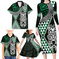 Green Aotearoa Niho Taniwha Family Matching Long Sleeve Bodycon Dress and Hawaiian Shirt Maori Mythology Tooth - Taniko Motifs LT14 - Polynesian Pride