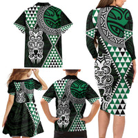 Green Aotearoa Niho Taniwha Family Matching Long Sleeve Bodycon Dress and Hawaiian Shirt Maori Mythology Tooth - Taniko Motifs LT14 - Polynesian Pride