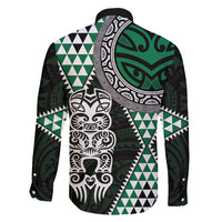 Green Aotearoa Niho Taniwha Family Matching Long Sleeve Bodycon Dress and Hawaiian Shirt Maori Mythology Tooth - Taniko Motifs LT14 - Polynesian Pride
