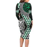 Green Aotearoa Niho Taniwha Family Matching Long Sleeve Bodycon Dress and Hawaiian Shirt Maori Mythology Tooth - Taniko Motifs LT14 - Polynesian Pride