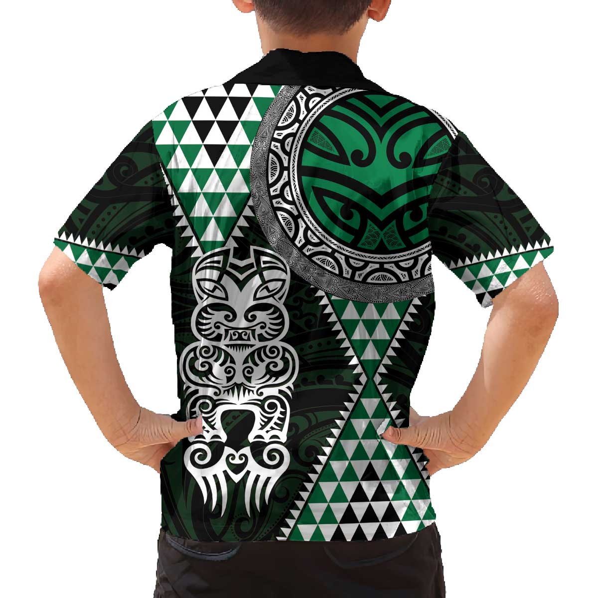 Green Aotearoa Niho Taniwha Family Matching Off The Shoulder Long Sleeve Dress and Hawaiian Shirt Maori Mythology Tooth - Taniko Motifs