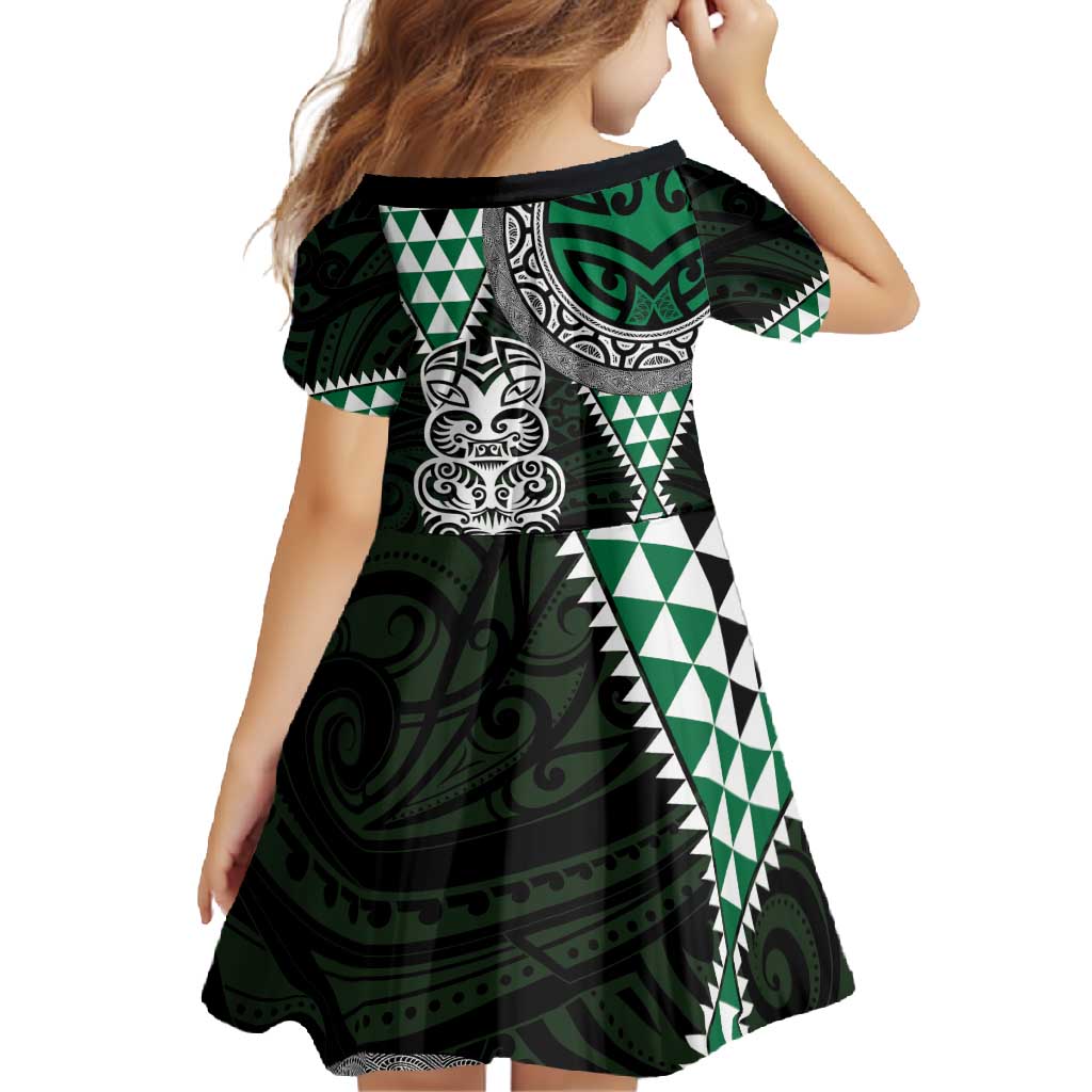 Green Aotearoa Niho Taniwha Family Matching Off Shoulder Maxi Dress and Hawaiian Shirt Maori Mythology Tooth - Taniko Motifs LT14 - Polynesian Pride