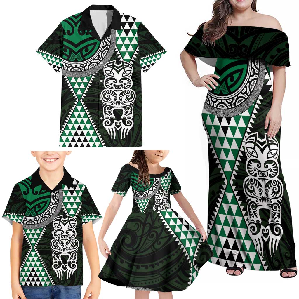 Green Aotearoa Niho Taniwha Family Matching Off Shoulder Maxi Dress and Hawaiian Shirt Maori Mythology Tooth - Taniko Motifs LT14 - Polynesian Pride